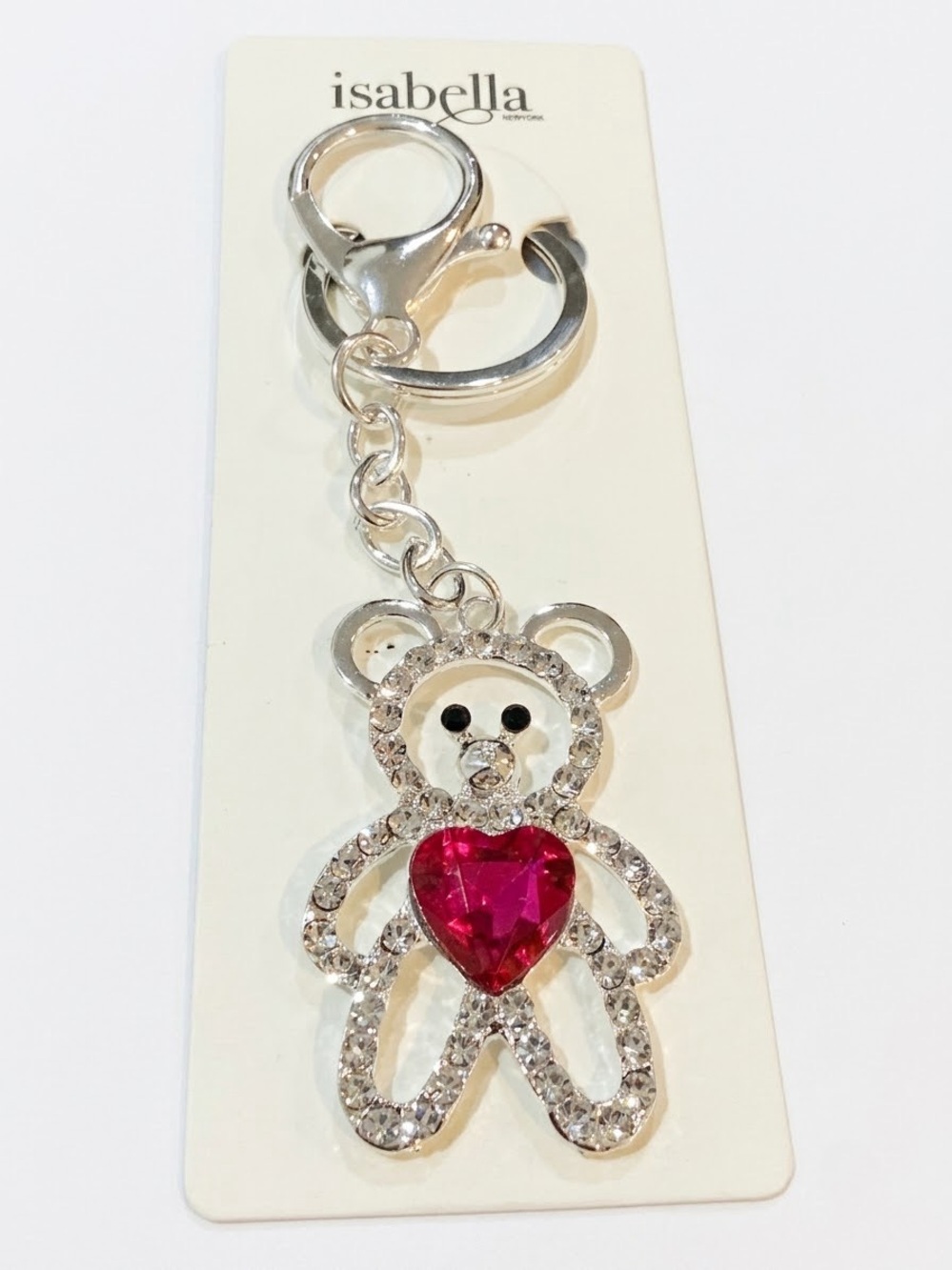 Silver Teddy Bear Rhinestone Heart keychain bag charm NWT